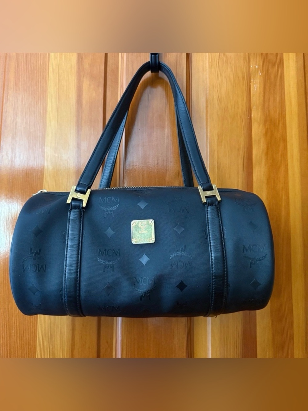 MCM Barrel Bag Womens Small Black Excellent Visetos Monogram Nylon Vintage